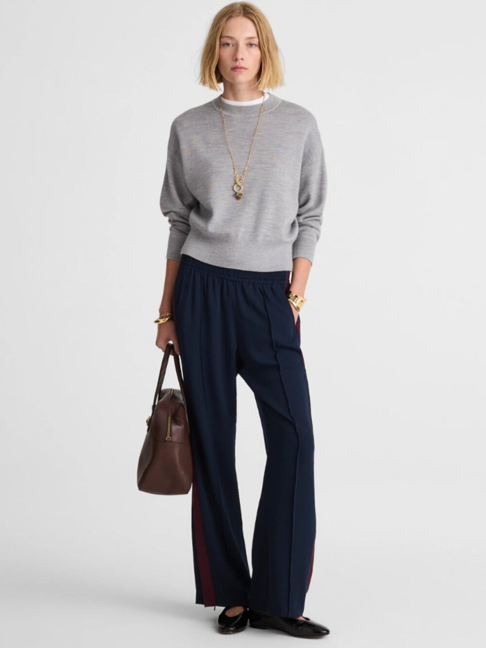 Madewell Pull-On Bootcut Track Pant Navy Maroon Stripe Ankle Zip Small NWT